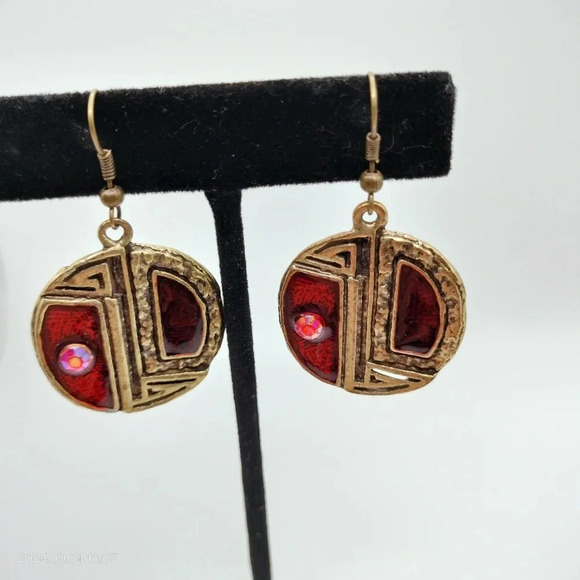 Women's Dangle Drop Earrings Antique Gold Tone Garnet Red Enamel Rhinestone Boho - Picture 2 of 11